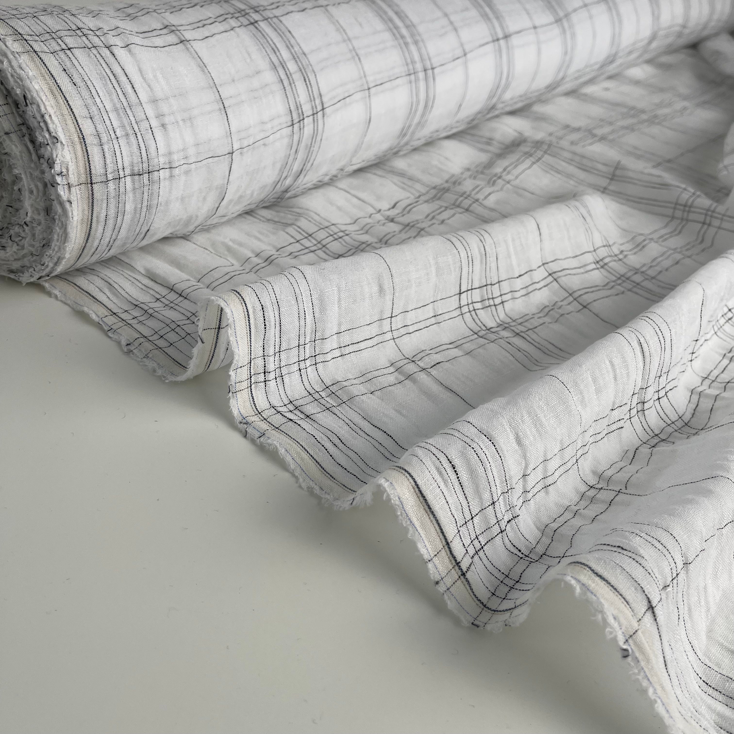 REMNANT 1.43 Metres - Delphine Checks White Linen Fabric