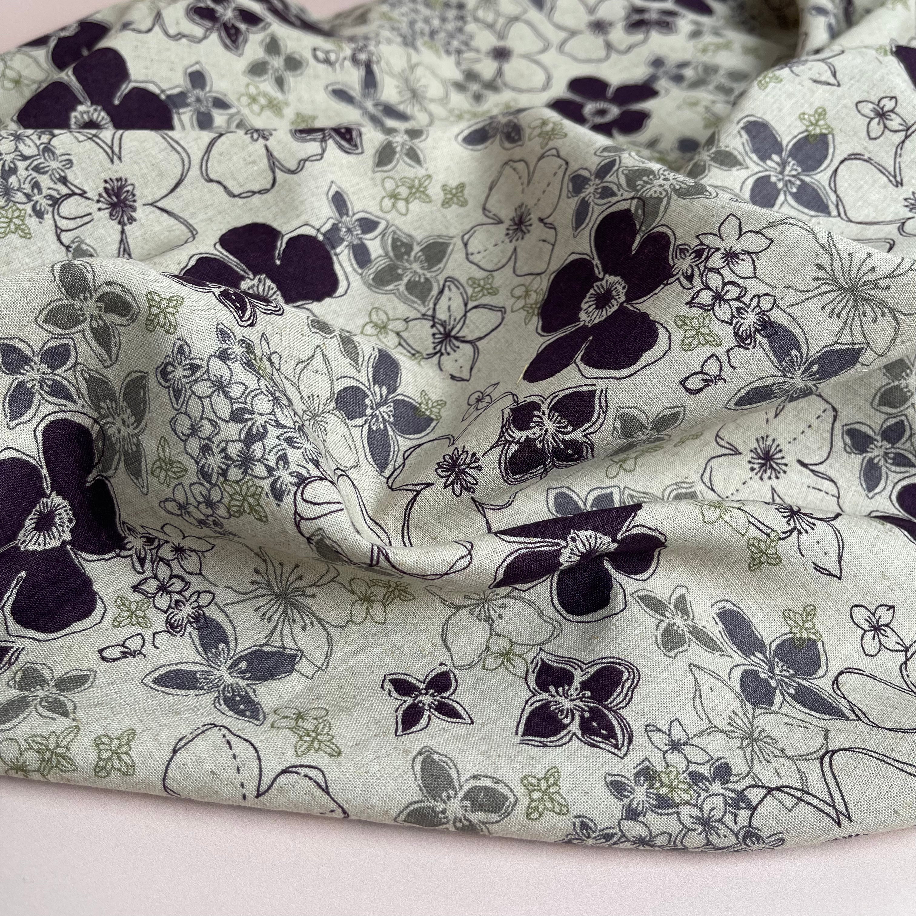 Plum Blooms Natural Linen Viscose Blend Fabric
