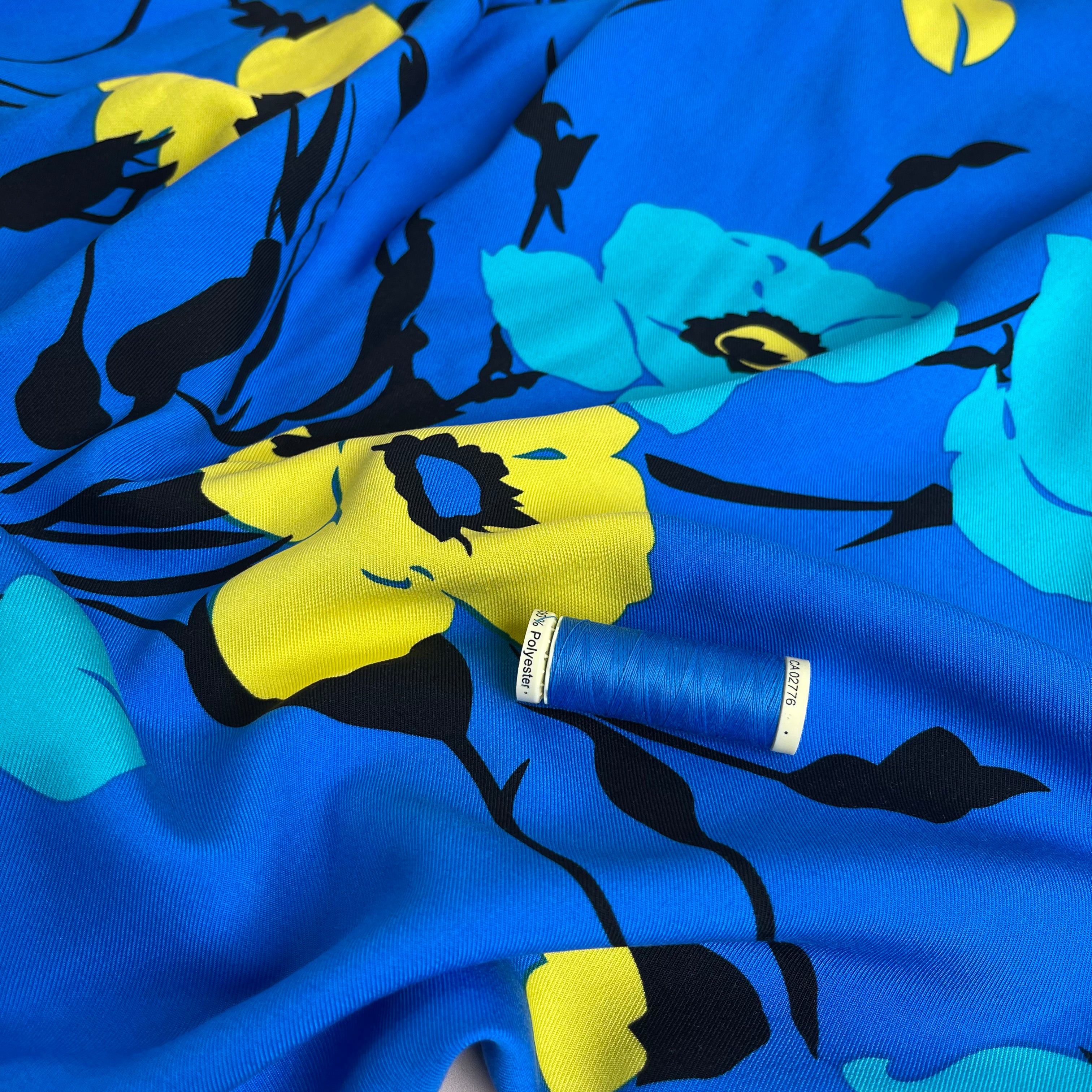 Bold Flowers in Brilliant Blue Viscose Twill Fabric