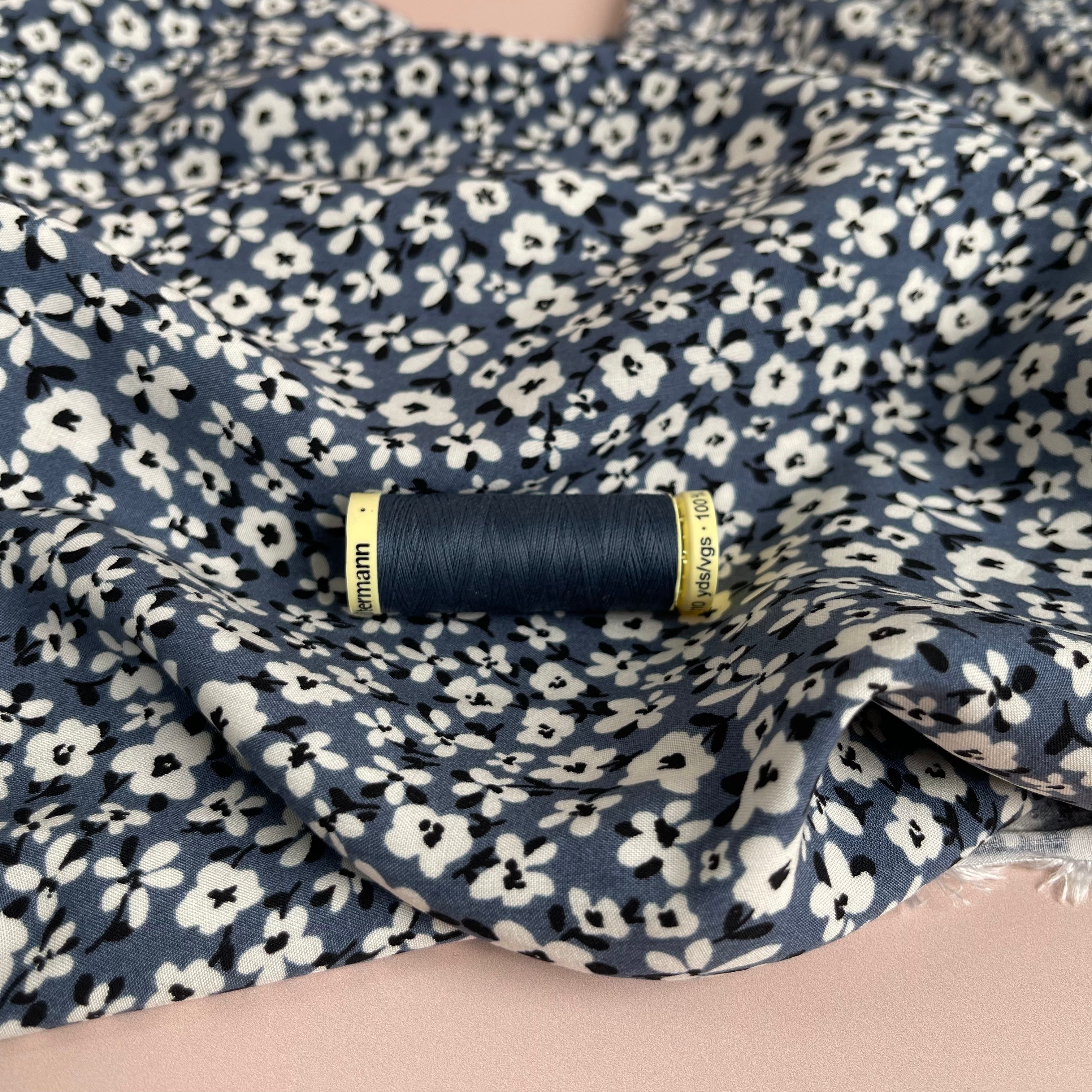 REMNANT 2.8 Metres - Small Flowers in Denim Blue Viscose Fabric