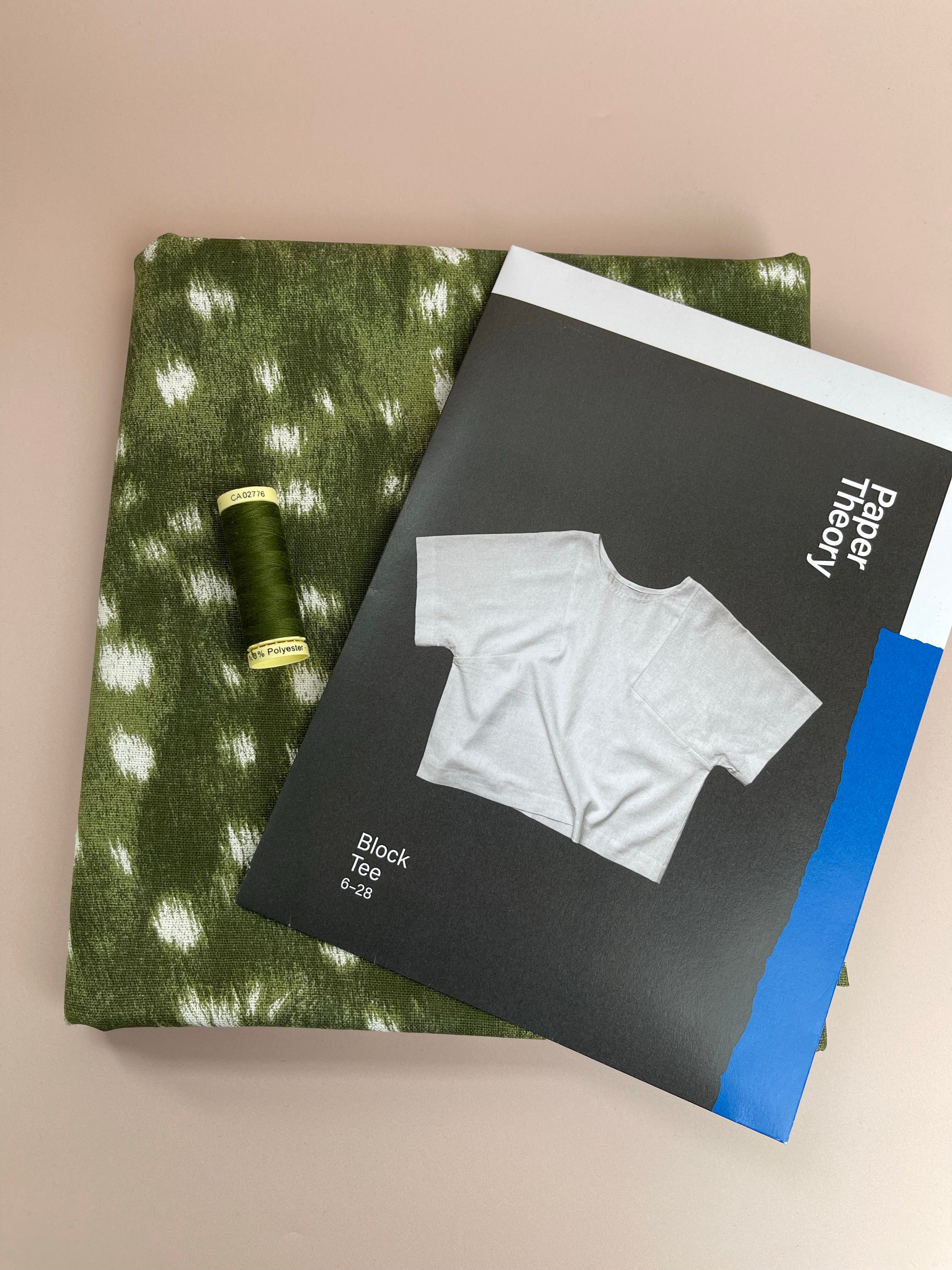 Sewing Kit - Paper Theory Block Tee in Green Animal Spots Linen