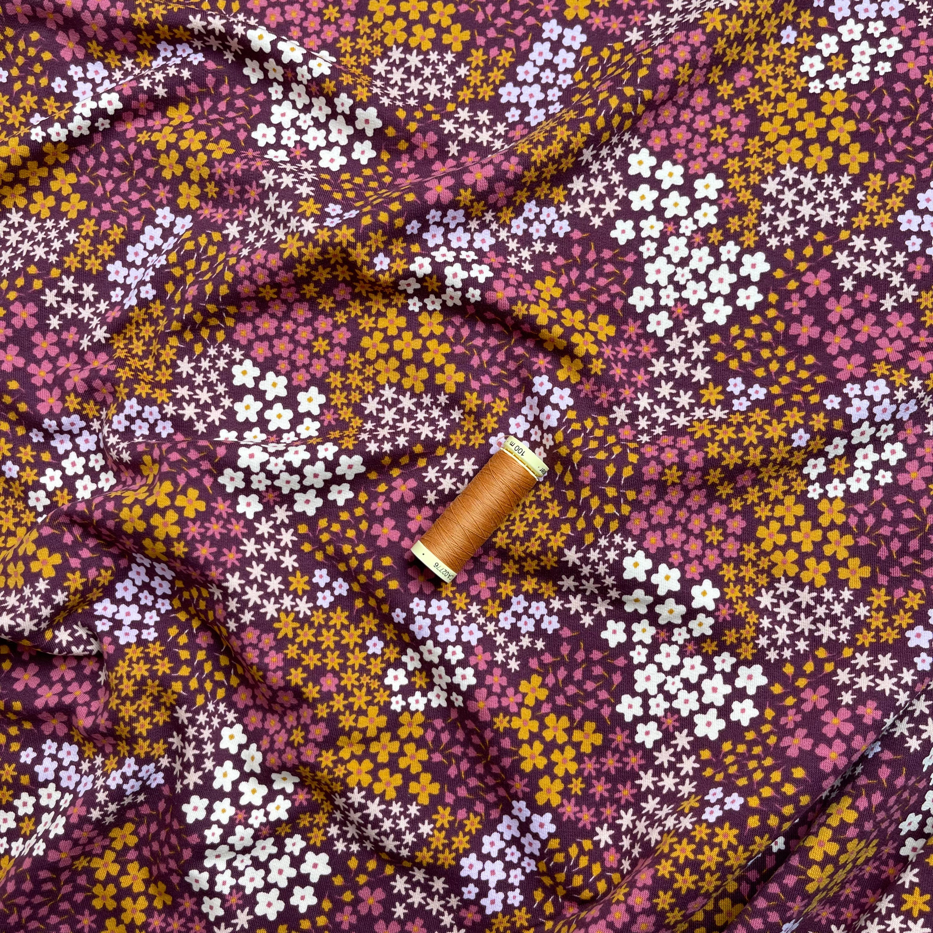 Ditsy Flowers Burgundy Cotton French Terry Fabric
