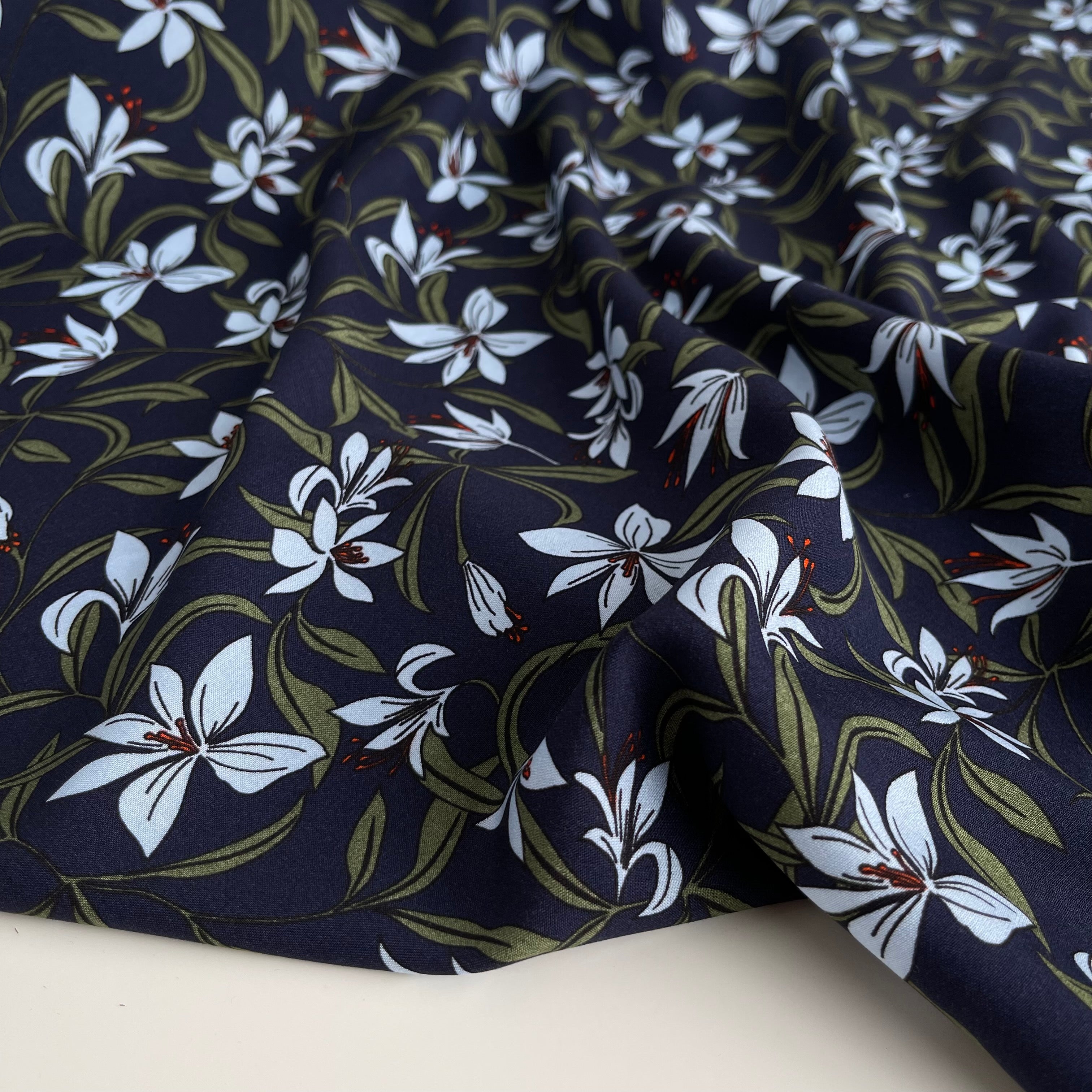 REMNANT 0.55 metre Morning Blooms Navy Viscose Fabric