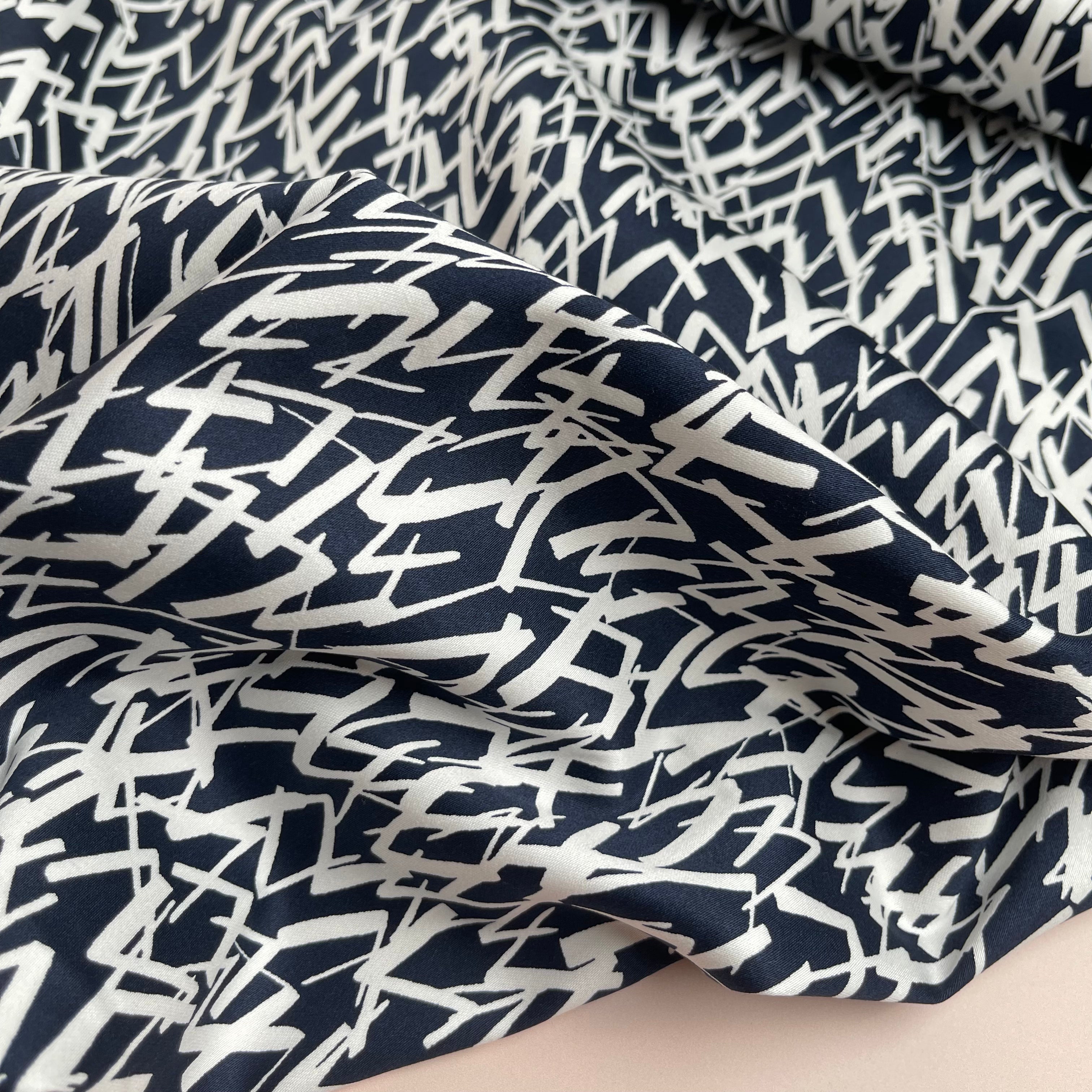Abstract Stripes Navy Stretch Cotton Fabric