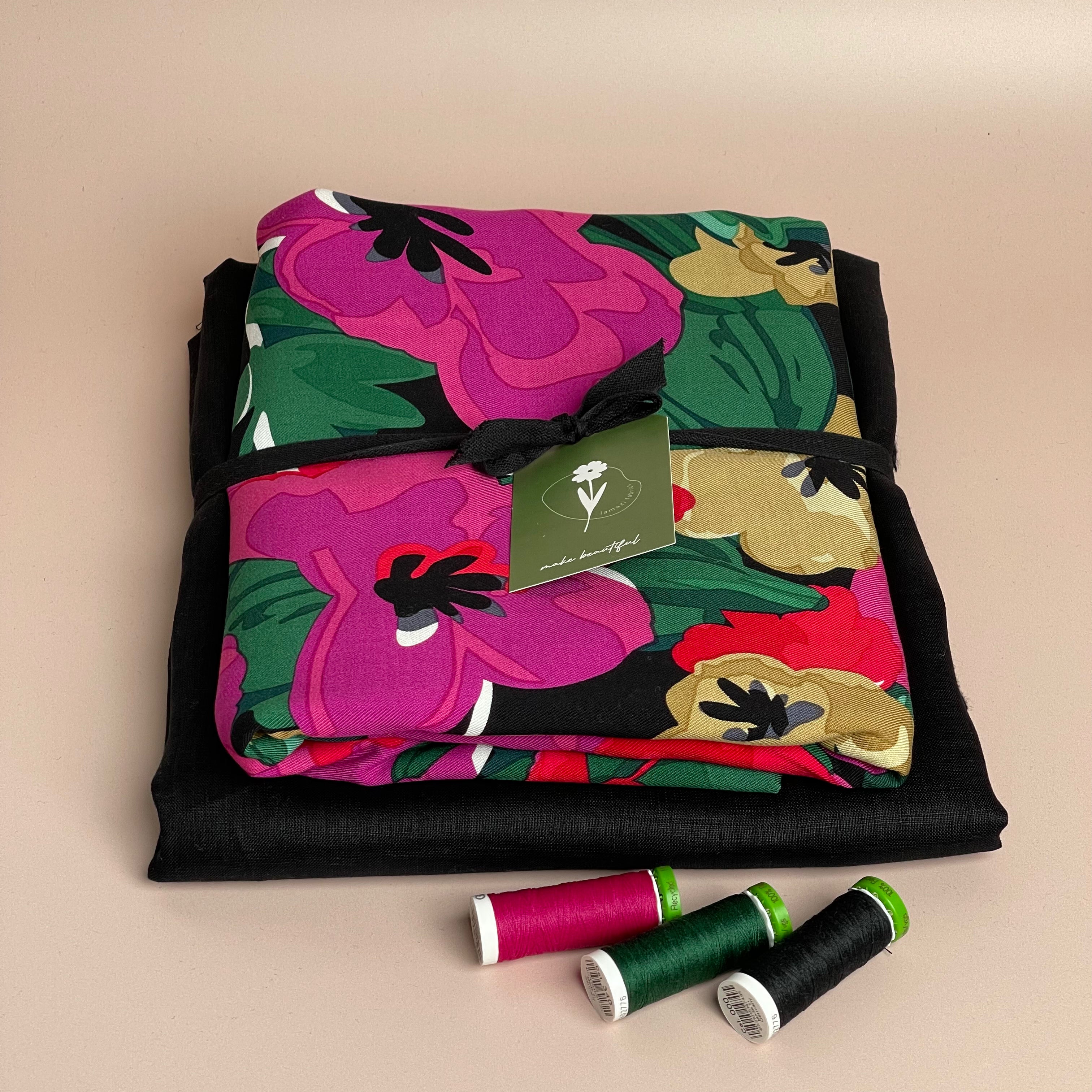 Make an Outfit - Bold Magenta Flowers Twill with Black Linen Fabric Bundle