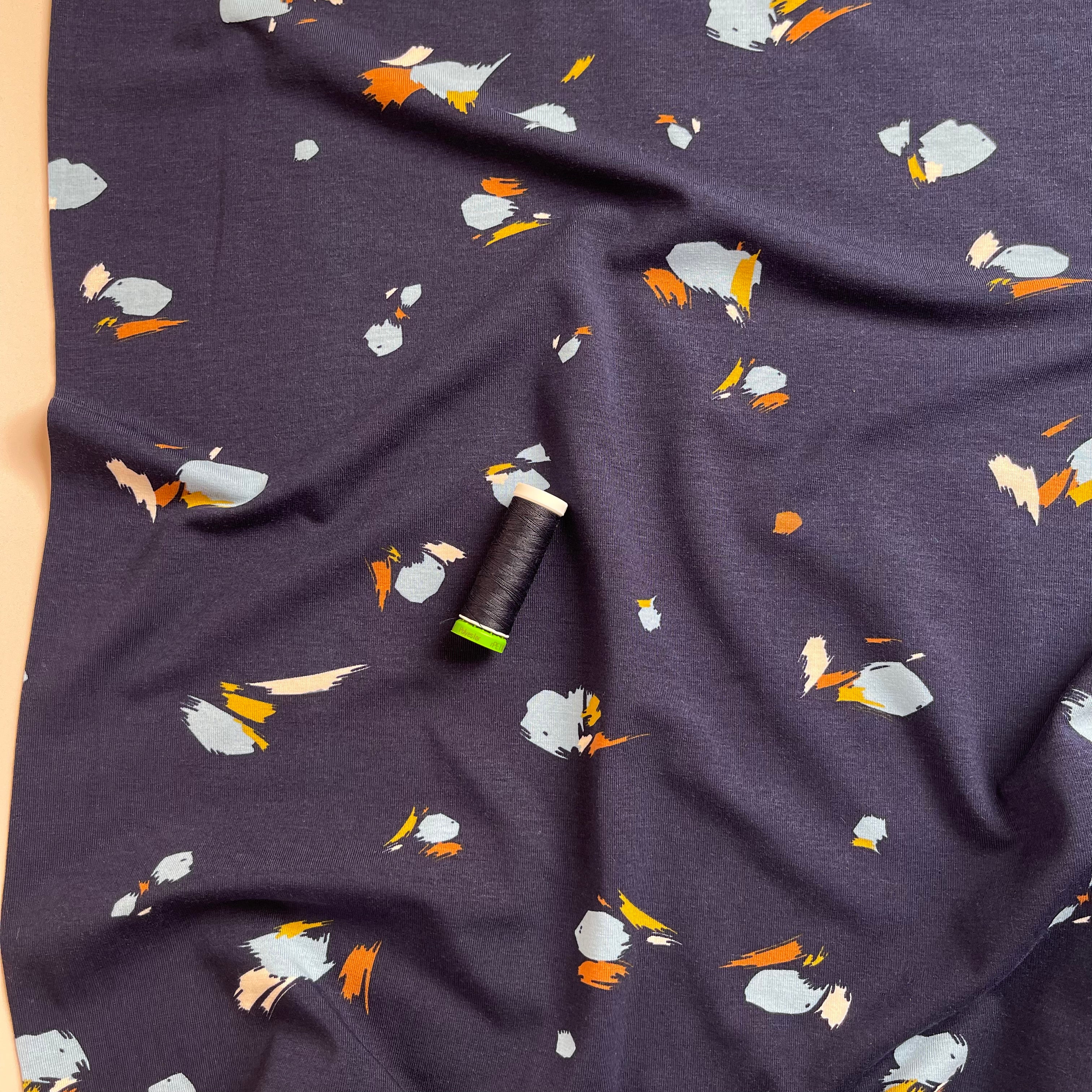 Brushstroke Petals in Navy Bamboo Cotton Jersey