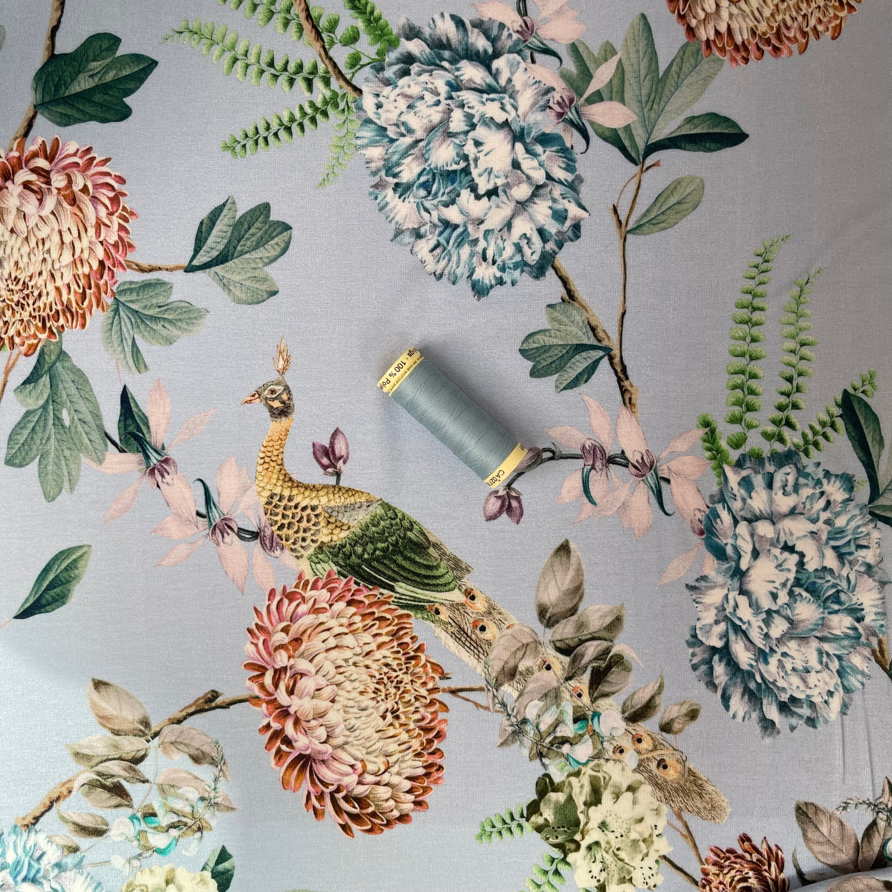Peacocks and Peonies Viscose Jersey Fabric