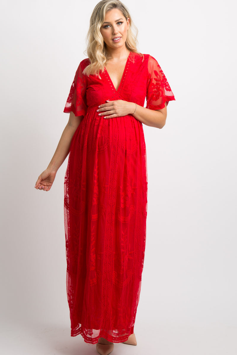 red lace maxi dress with sleeves