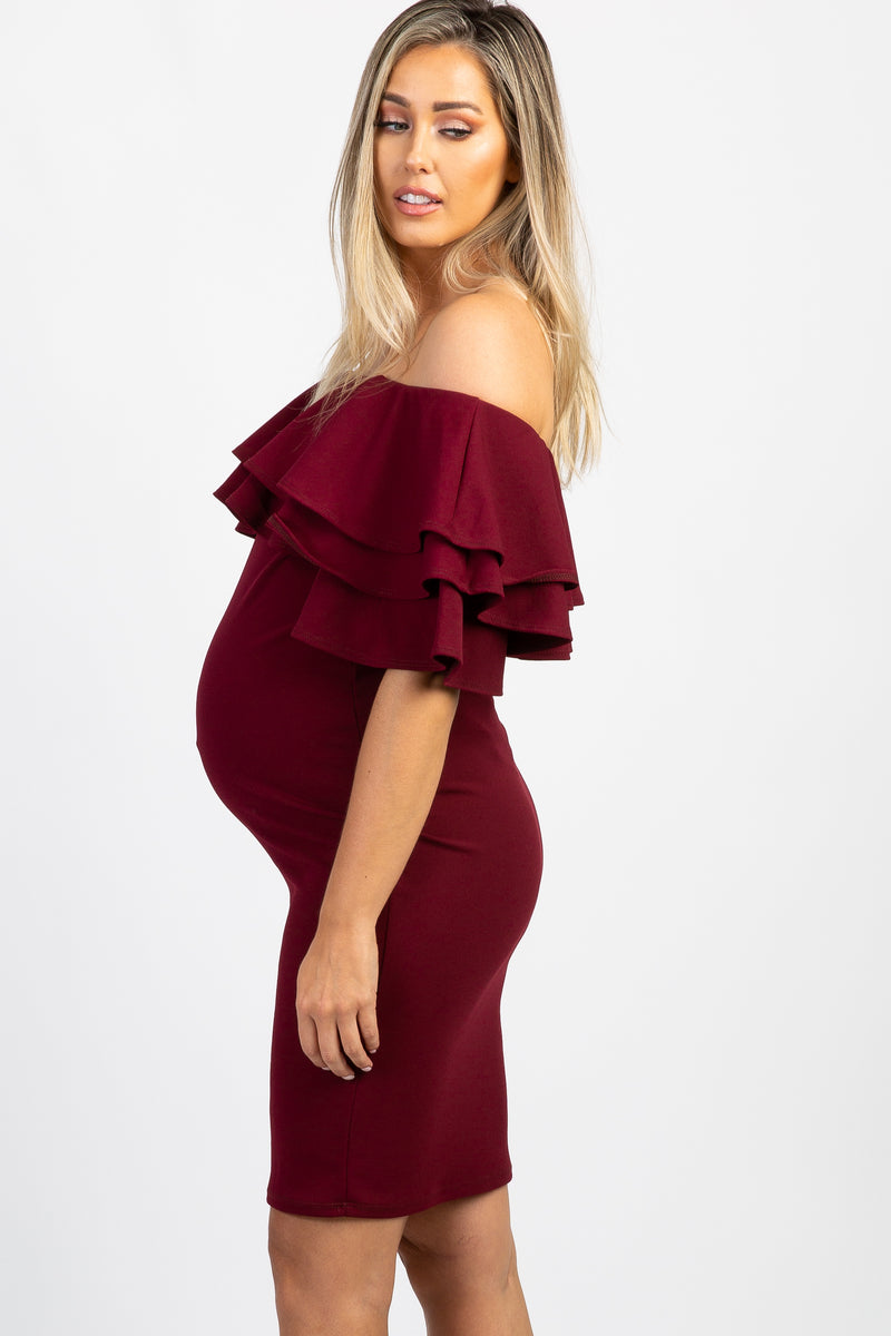 Pinkblush Burgundy Layered Ruffle Off Shoulder Fitted Maternity Dress 