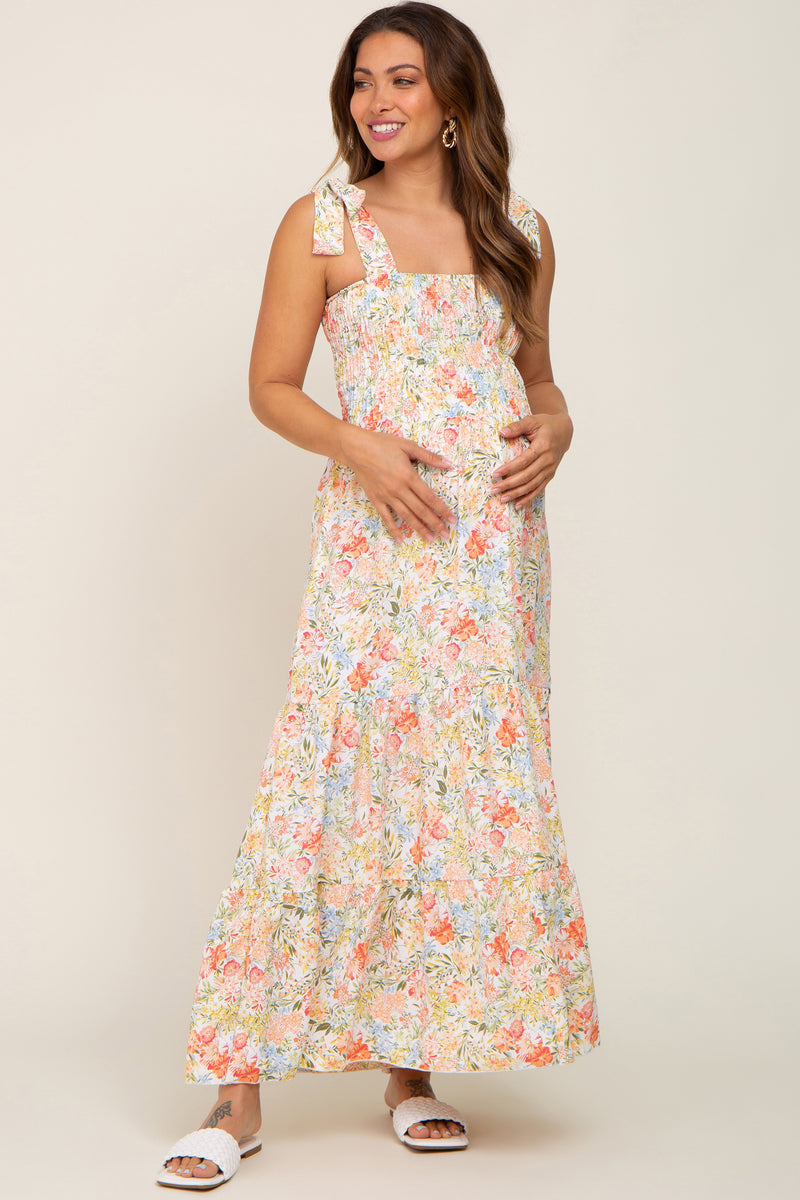Coral Floral Shoulder Tie Maternity Maxi Dress