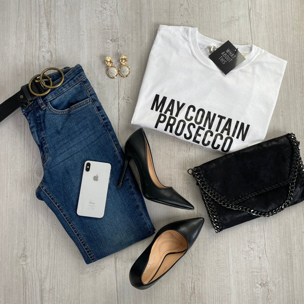 'May Contain Prosecco' Slogan T-Shirt - White