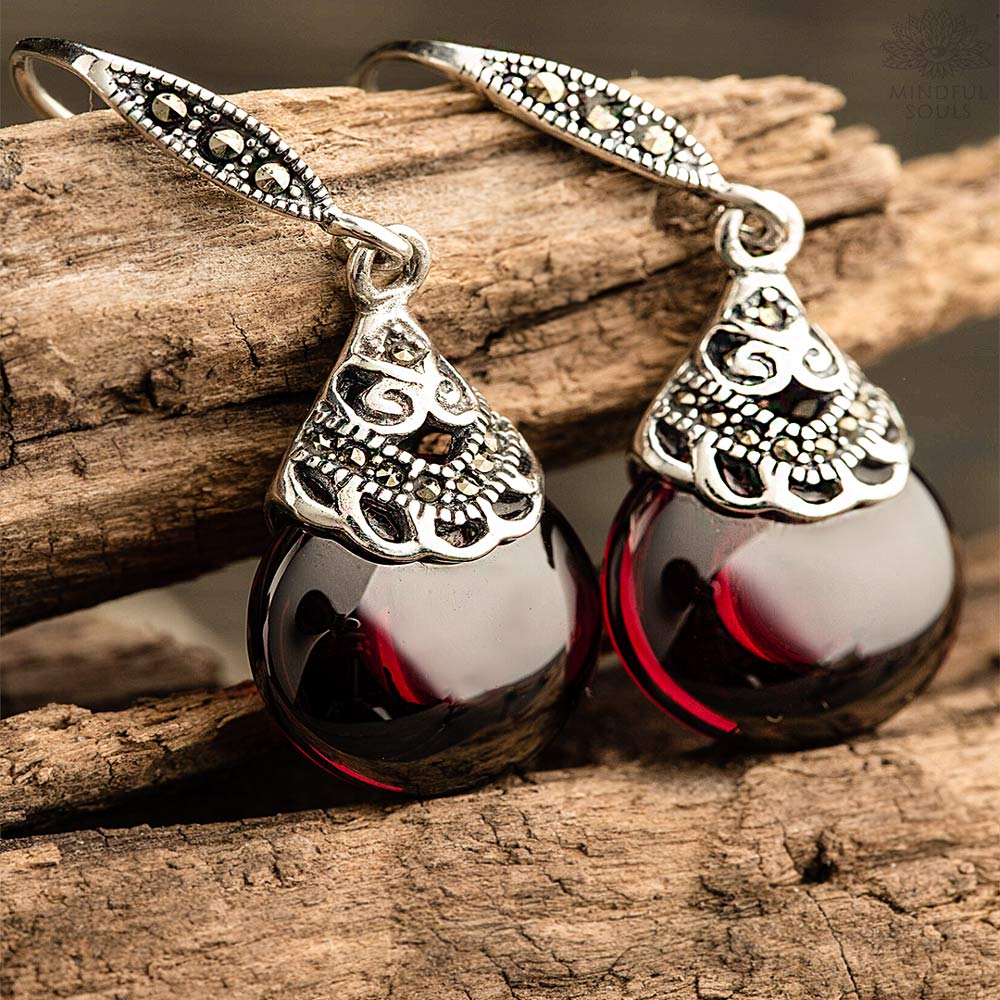 Silver Drop Earrings Garnet Stone