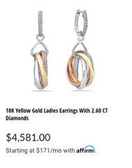 18K YELLOW GOLD LADIES EARRINGS WITH 2.60 CT DIAMONDS