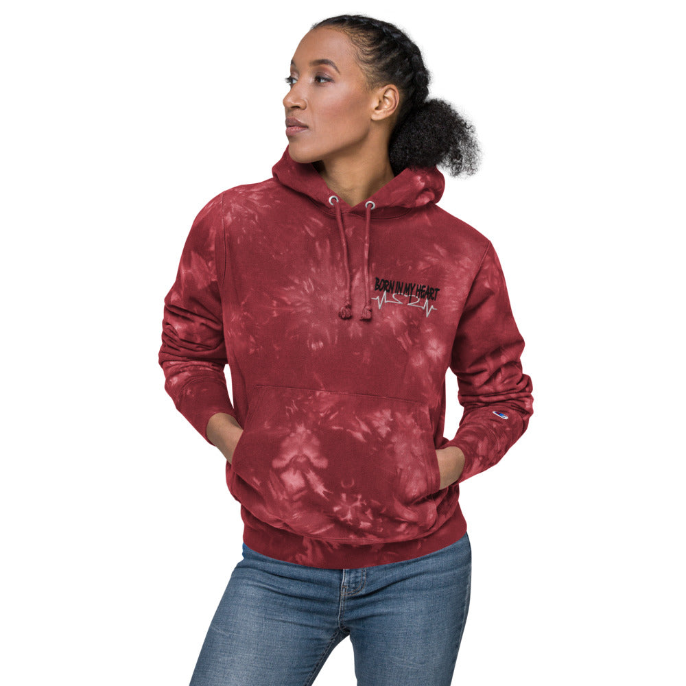 bombe Hold op dome Born in My Heart Red Embroidered Champion tie-dye hoodie | Lady B Collective