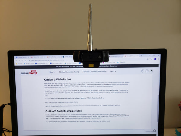 SnakeClamp webcam stand supports the camera at eye level