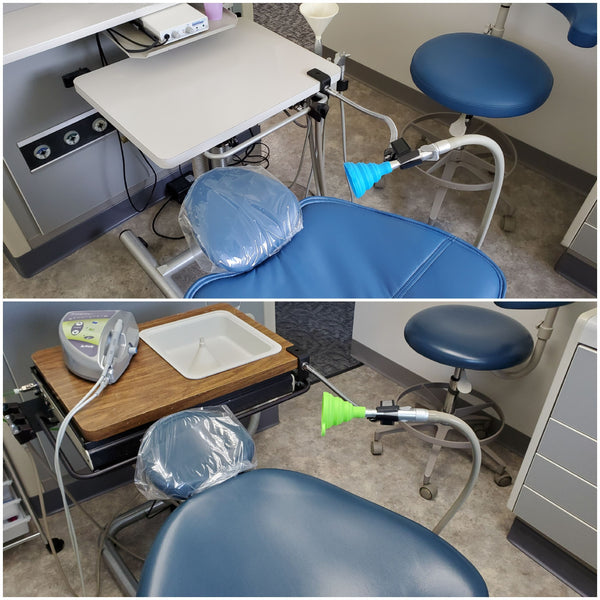 Dental evacuator funnel and hose supported from nearby table with SnakeClamp table clamp, 18" light-duty flexible gooseneck arm and microphone clip.
