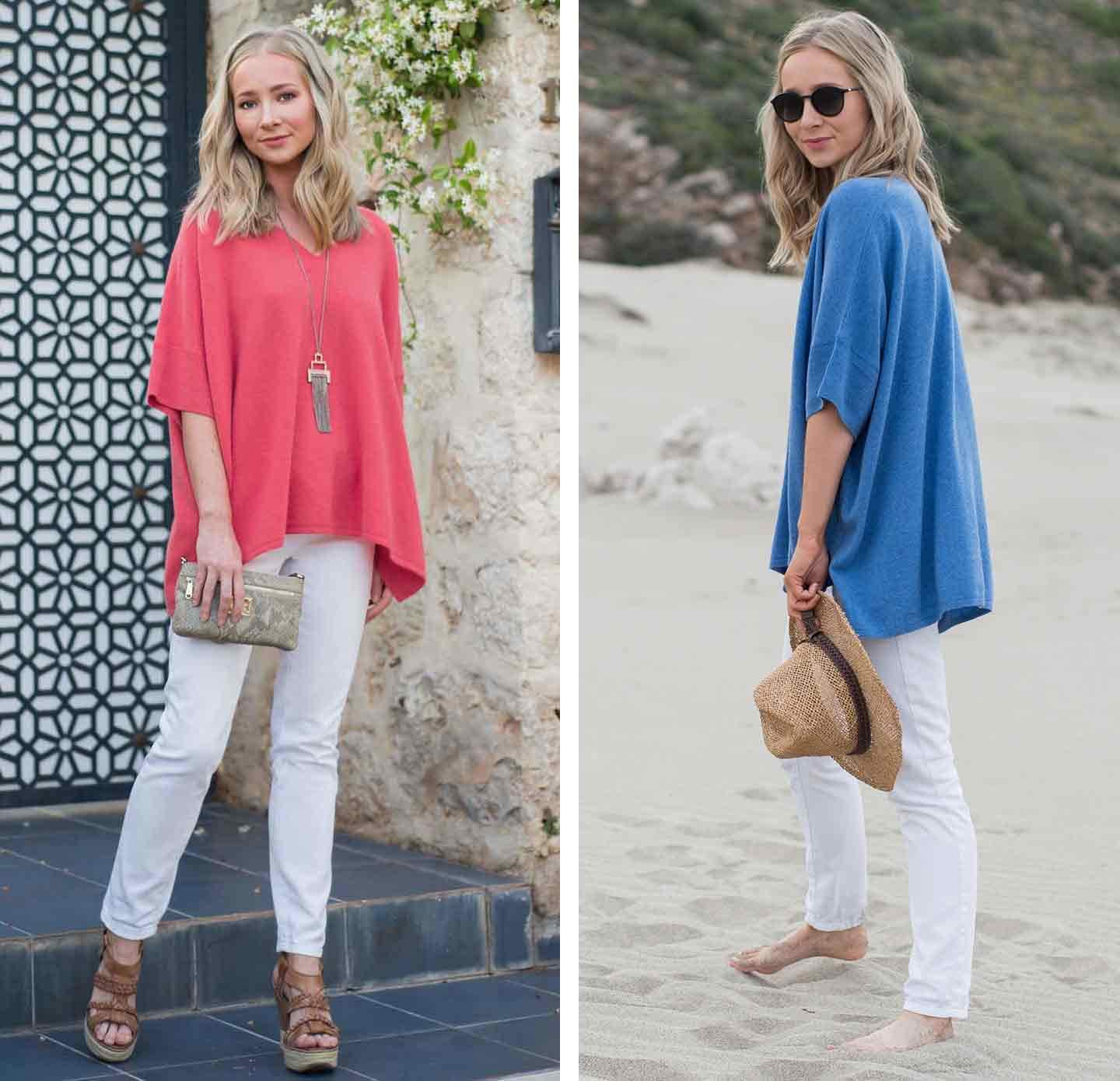 One-woman-standing-infront-of-a-blue-door-on-a-step-wearing-a-pink-cashmere-jumper-with-white-jeans-wedges-and-handbag-and-another-image-of-a-woman-on-a-beach-in-blue-kimono-jumper-