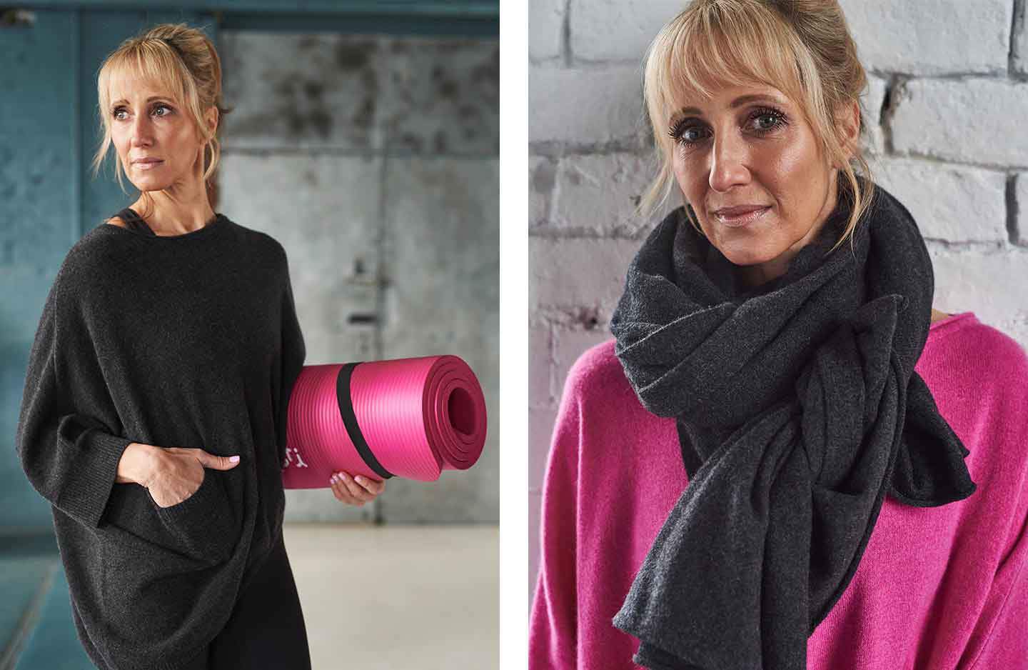 Women standing in a grey oversized charcoal poncho with hand in pocket carrying a pink yoga mat and women standing against white brick wall in pink cashmere jumper with grey cashmere wrap wrapped around neck