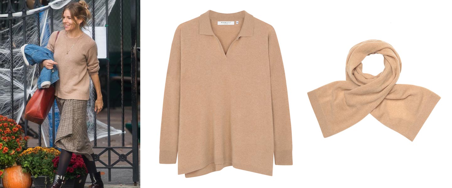 camel cashmere jumper and cashmere scarf outfit inspiration