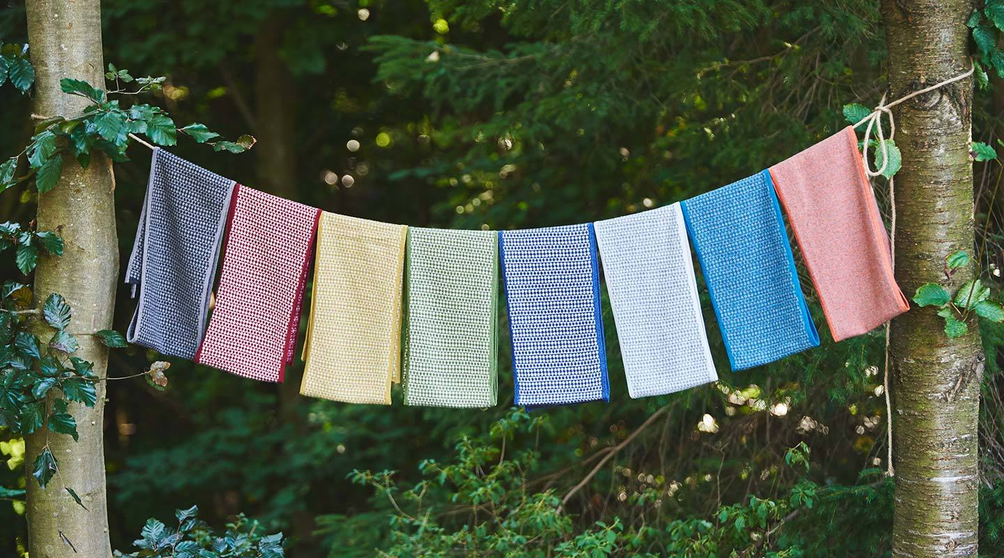 colourful-ditsy-scarves-hanging-on-a-washing-line-in-a-forest-inbetween-trees
