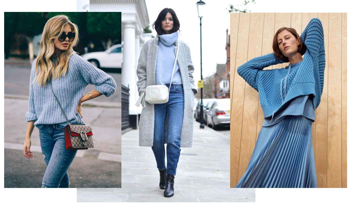 3 images of 3 women each wearing a blue knitted jumper with various outfit options