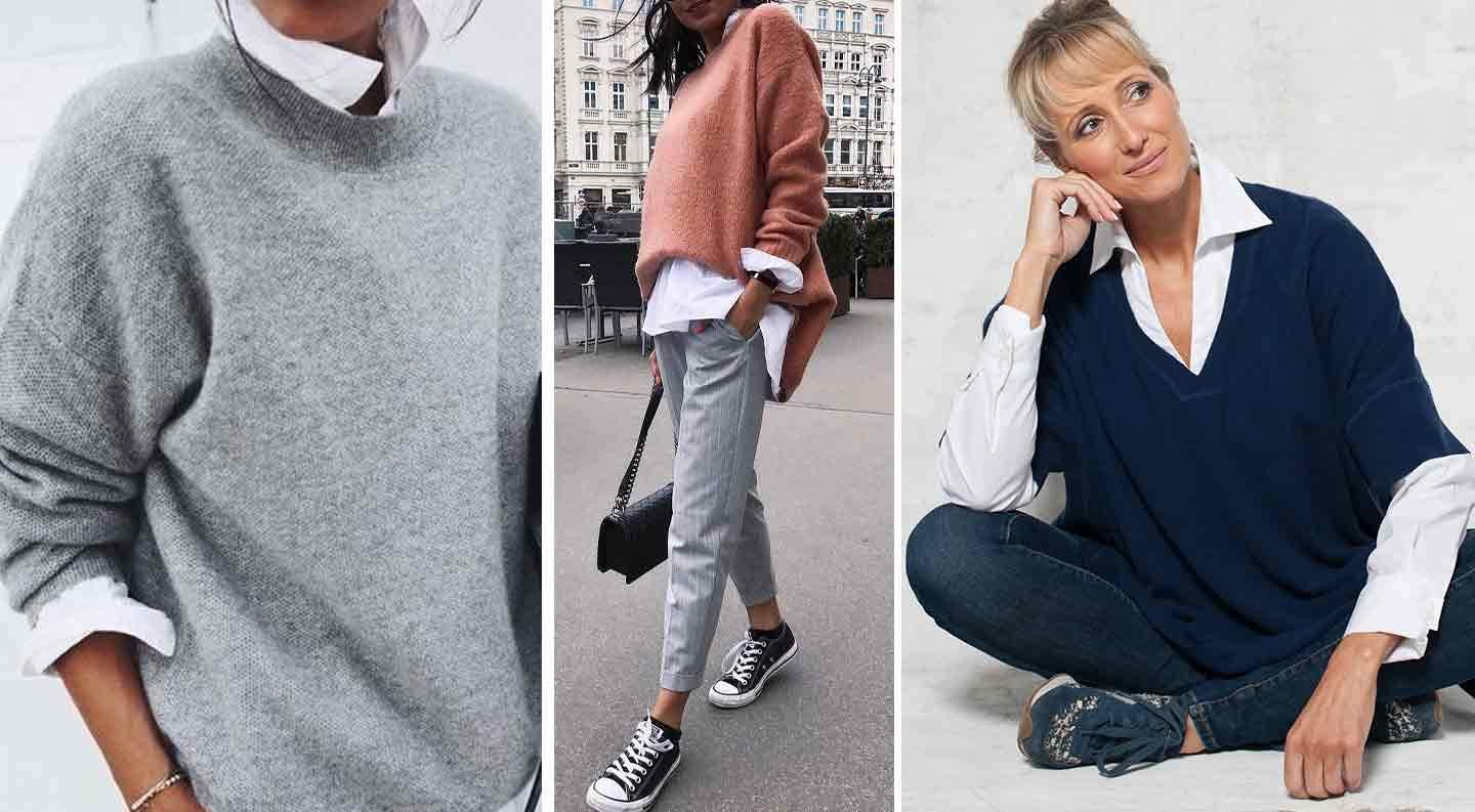 a group of images of women in knitted jumpers worn over a white shirt