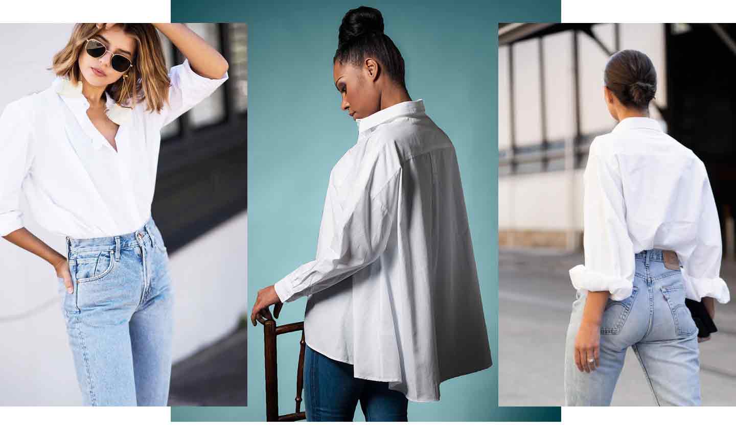 group-of-images-of-women-wearing-white-shirts-and-blue-denim-jeans