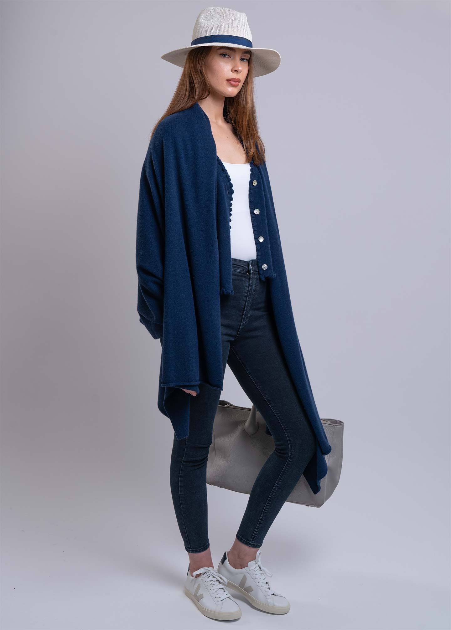 navy cashmere cardigan and cashmere travel wrap