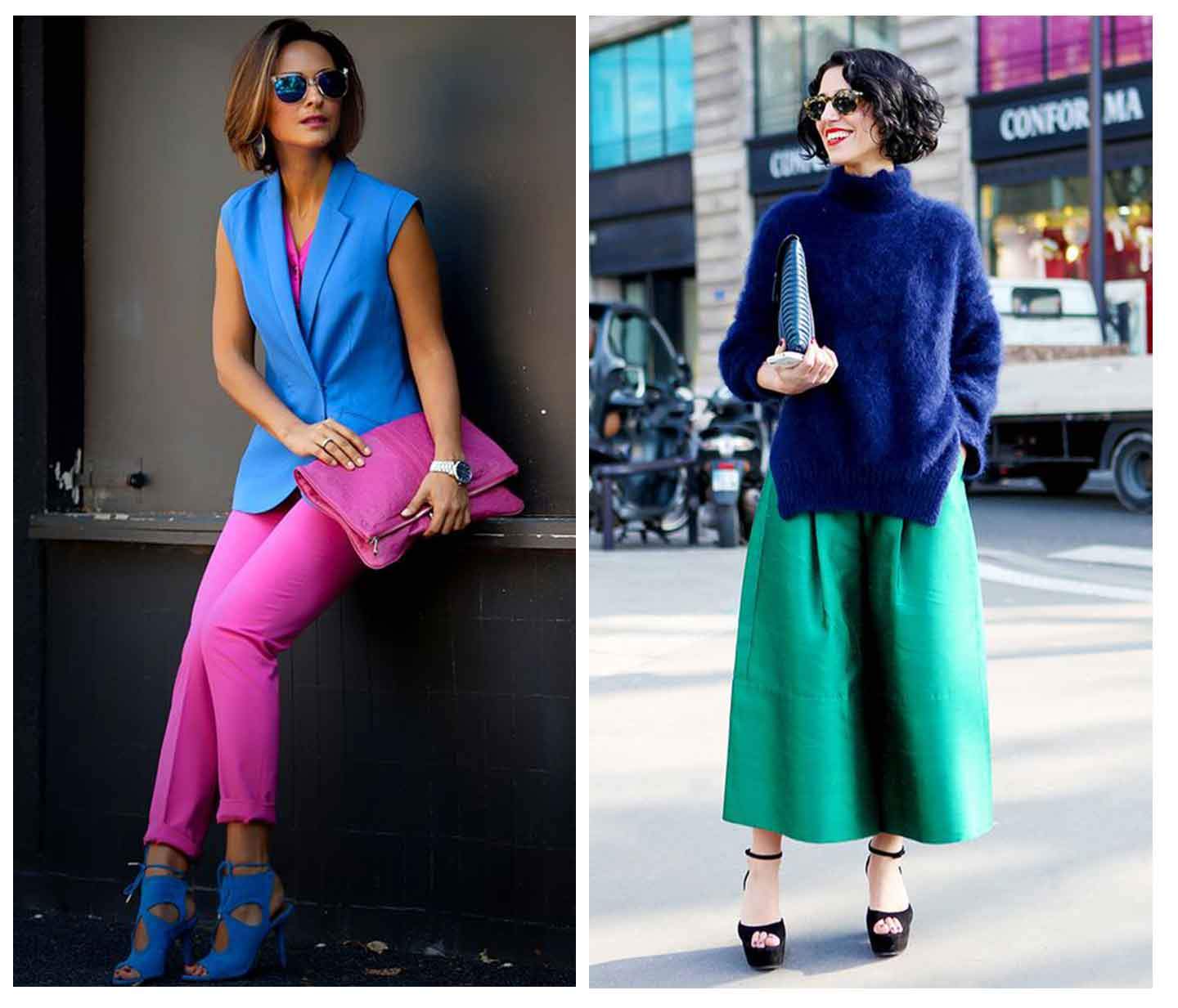 one-woman-leaning-against-a-wall-wearing-a-blue-waistcoat-with-pink-trousers-and-another-woman-wearing-a-blue-jumper-with-a-green-skirt-standing-in-the-street