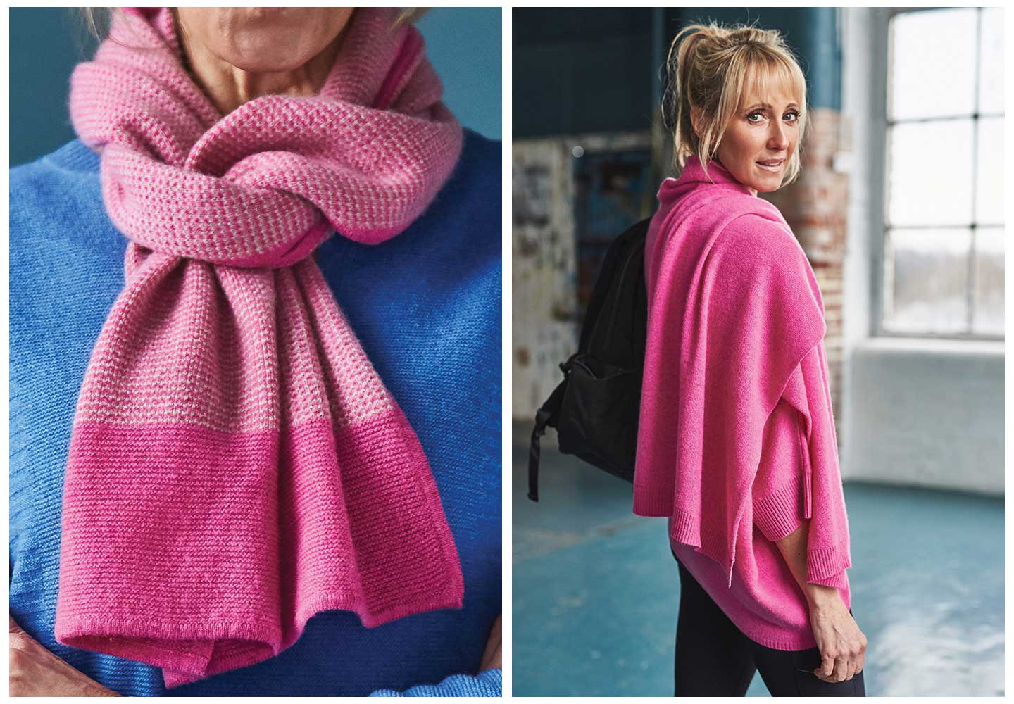 pink cashmere scarves thrown over models shoulder in a warehouse 