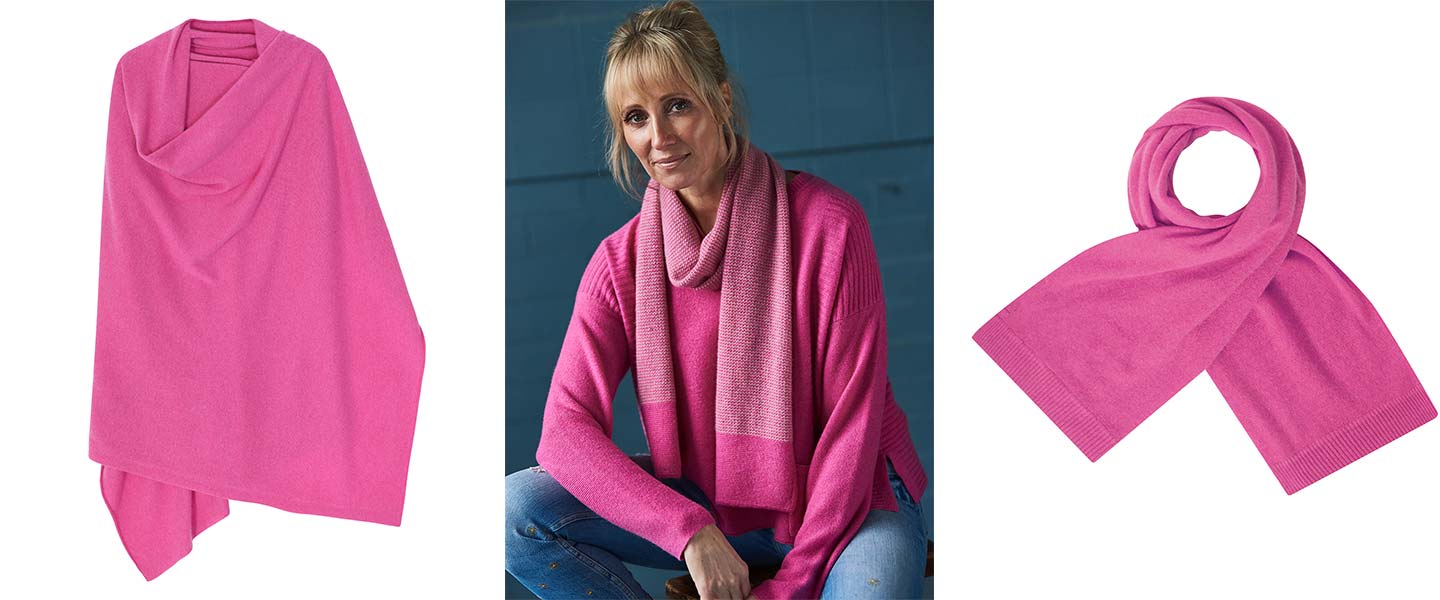 pink scarves flat images and woman posing in cashmere jumper and matching scarf