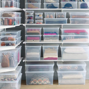 stacks of clear storage bins