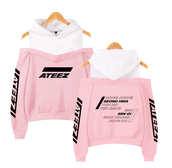 Indrah ATEEZ Off Shoulder Hooded Sweatshirt Casual Printed Hooded Pullover for Fans