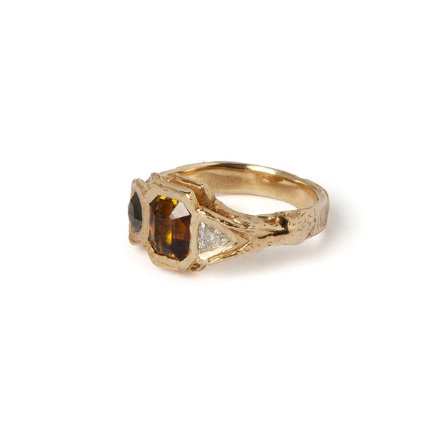 Gold rough ring with yellow tourmaline, black and white diamonds by Geraldine Fenn