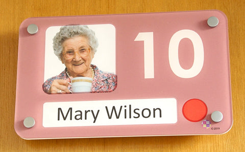 Dementia bedroom sign showing the name, picture and number of the residents room
