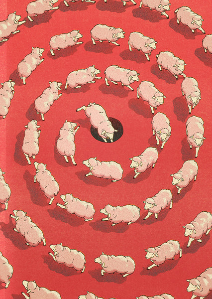 Illustration of sheep circling around a hole in a red surface and jumping in one by one. 