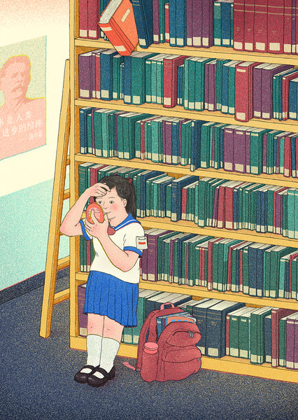 Illustration of a school girl looking at a pocket mirror while a library book threatens to fall on her.