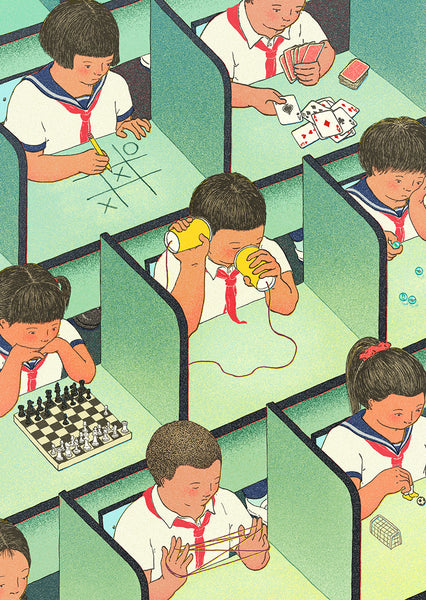 Illustration of schoolchildren in cubicles playing games alone. 