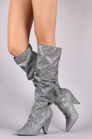 Slouchy Glitter Grid Pointy Toe Cone Heel Knee High Boots