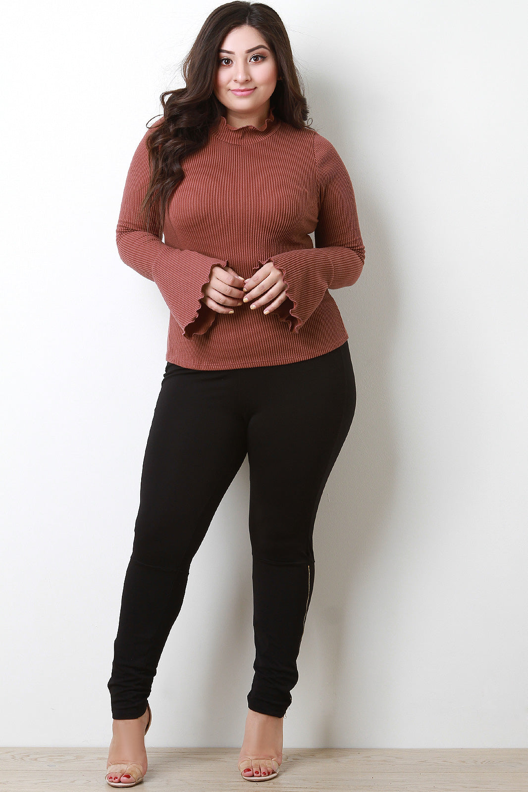 Ribbed Lettuce Edge Bell Sleeve Top