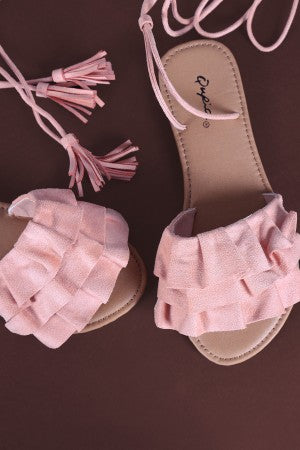 Qupid Suede Tiered Ruffle Lace-Up Flat Sandal