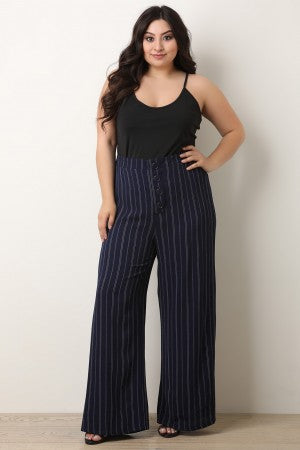High Rise Pinstripe Button Wide Cut Pants