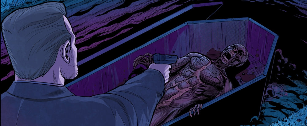 Detective Thompson aims his gun at the skinned man in the coffin