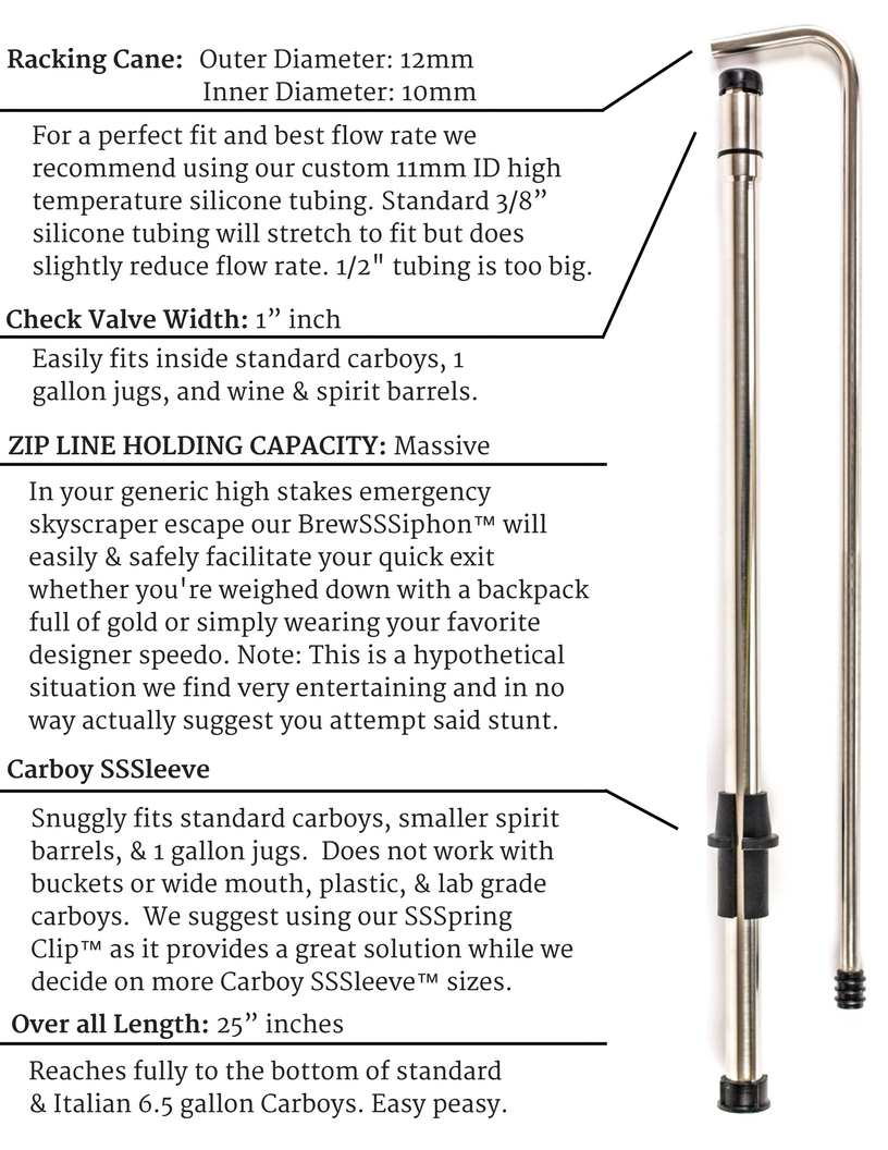 Spec sheet for Brewsiphon and Carboy SSSLeeve and SSSpring Clip