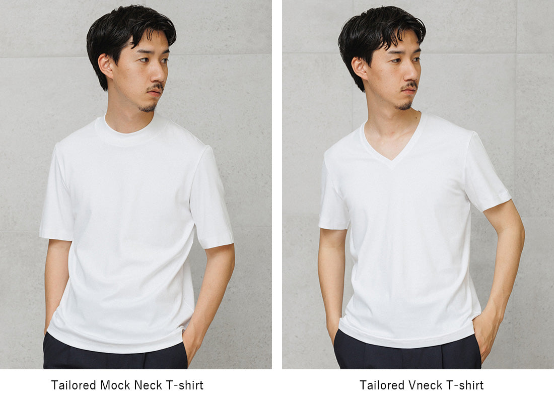 スビンプラチナムテーラードモックネックTシャツとスビンプラチナムテーラードVネックTシャツの比較着用画像