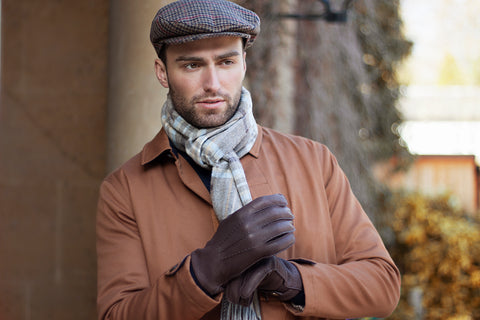 Flat cap, scarf and gloves by Dents