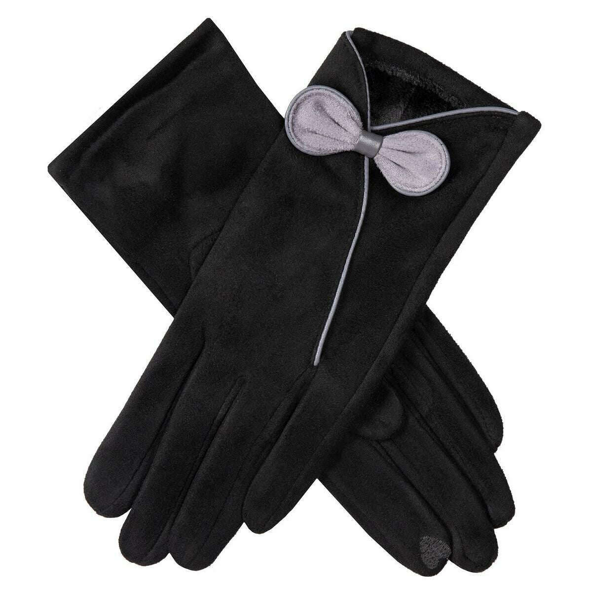 Dents Contrast Trim and Bow Touchscreen Velour-Lined Faux Suede Gloves - Black