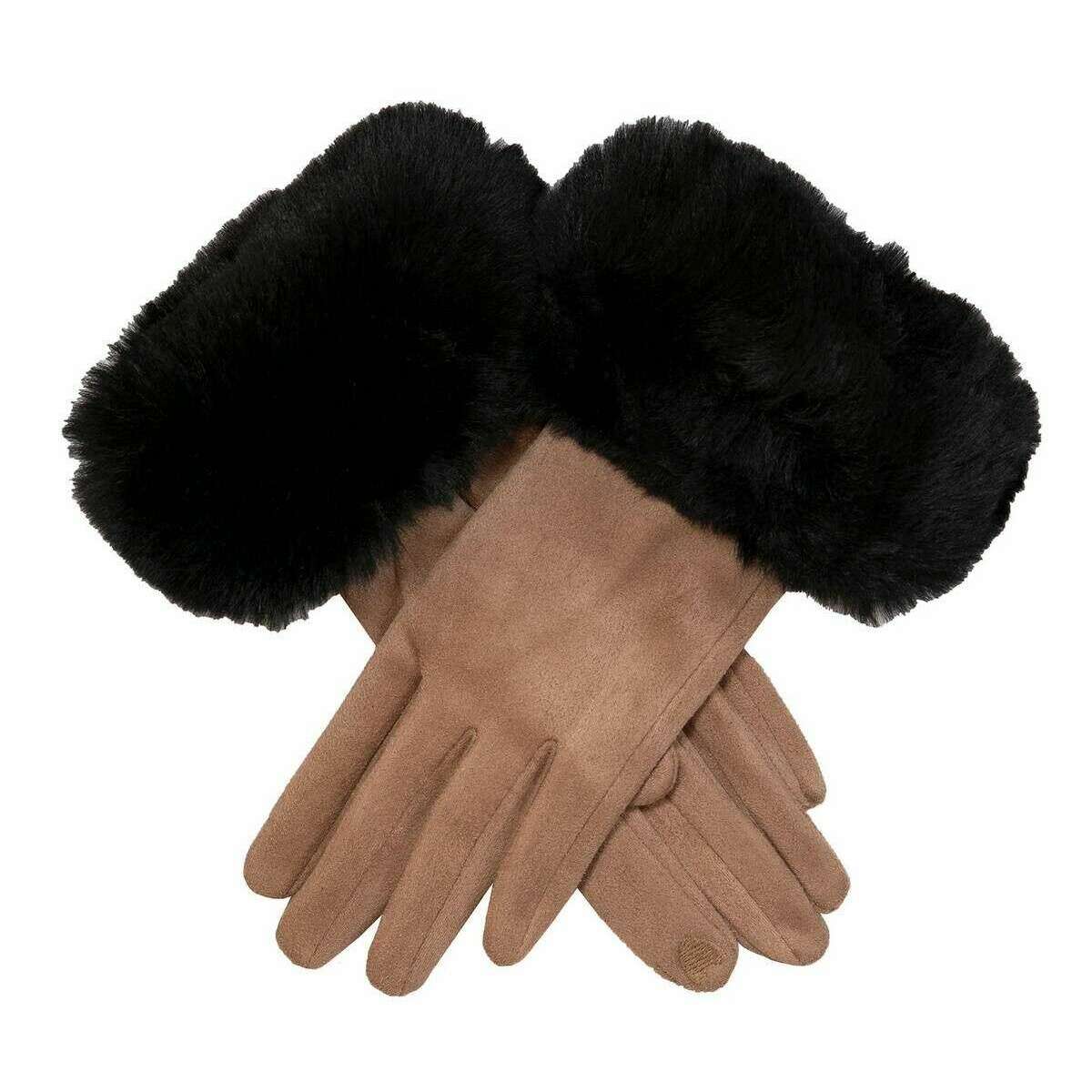 Dents Cuff Touchscreen Velour-Lined Faux Suede Gloves - Camel Beige/Black