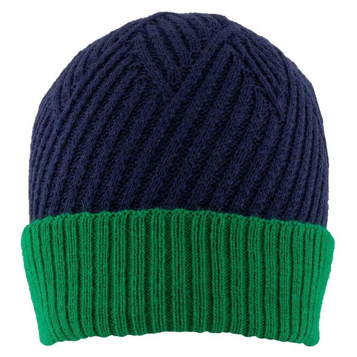 Dents Patchwork Cable Knit Beanie Hat - Navy/Emerald