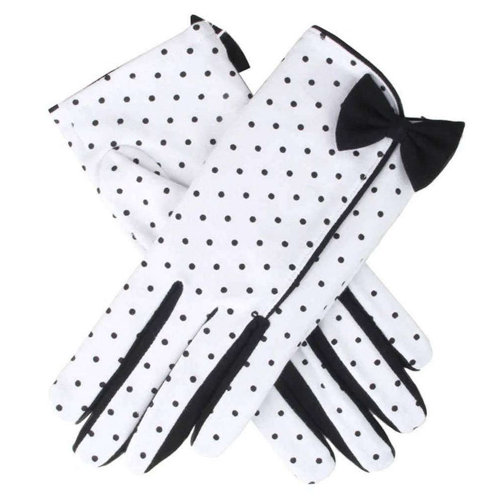 Dents Vivienne Spotted Bow Trim Cotton Gloves - White/Black
